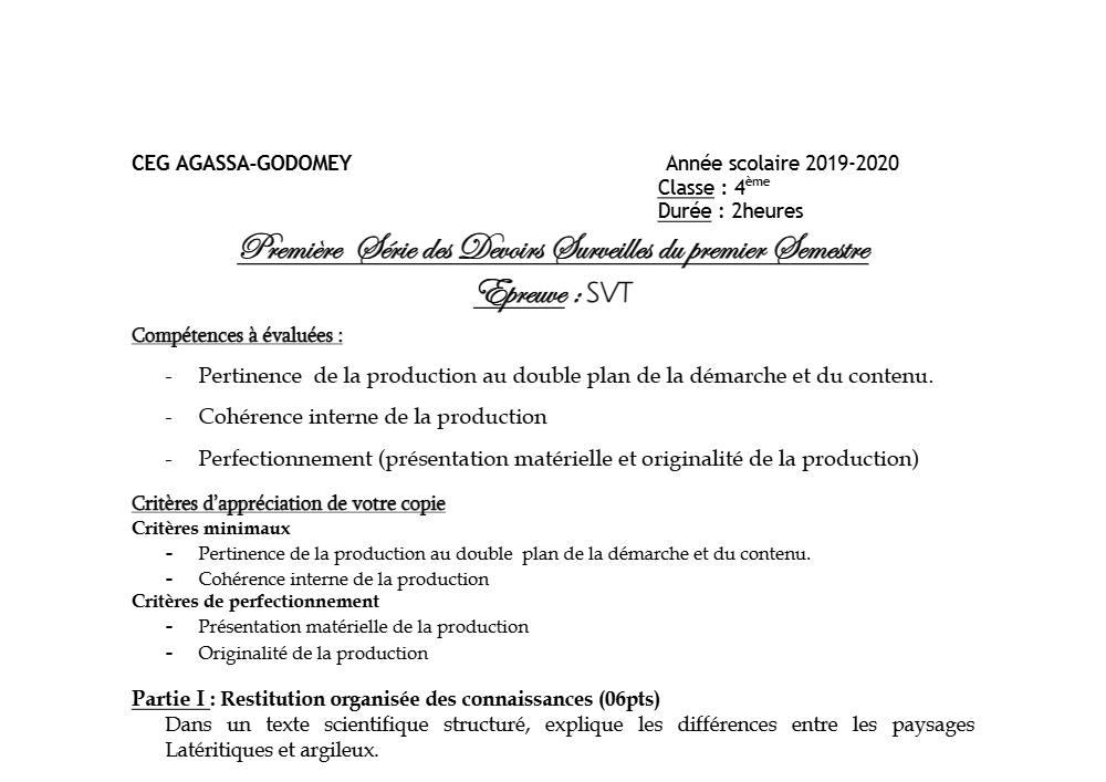 Aperçu de la première page — 4e SVT Devoir 1 Semestre 1 CEG Agassa Godomey 2019 2020
