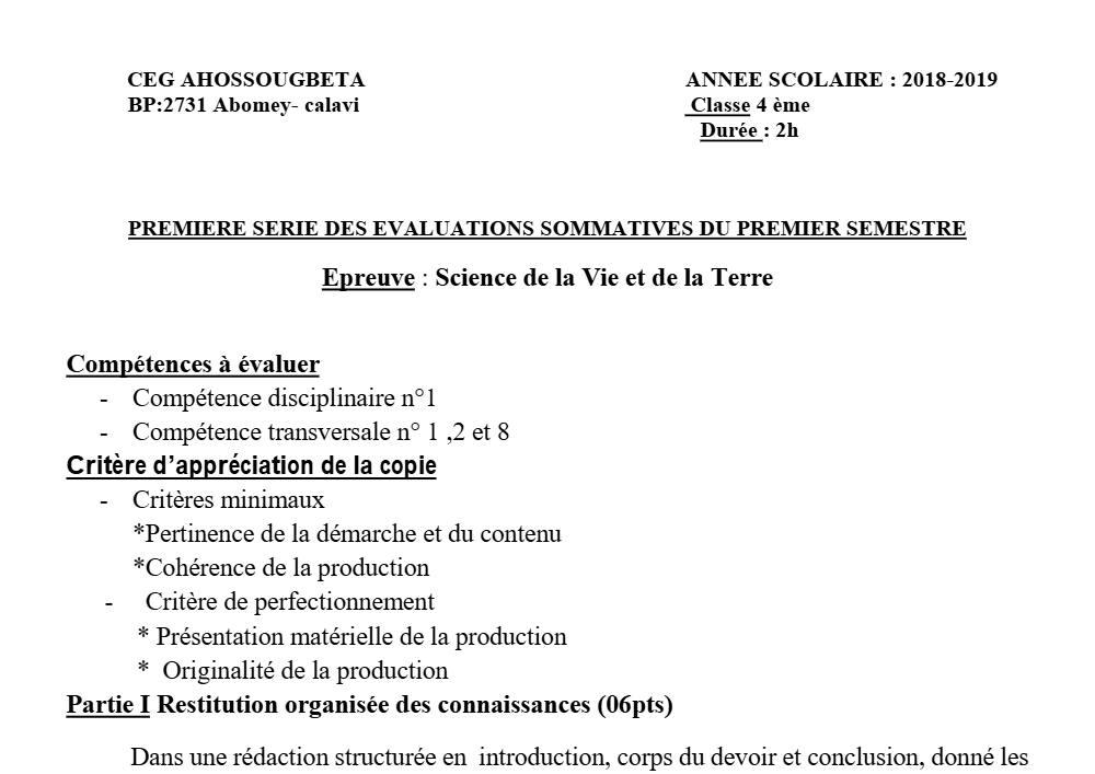 Aperçu de la première page — 4e SVT Devoir 1 Semestre 1 CEG Ahossougbéta 2018 2019