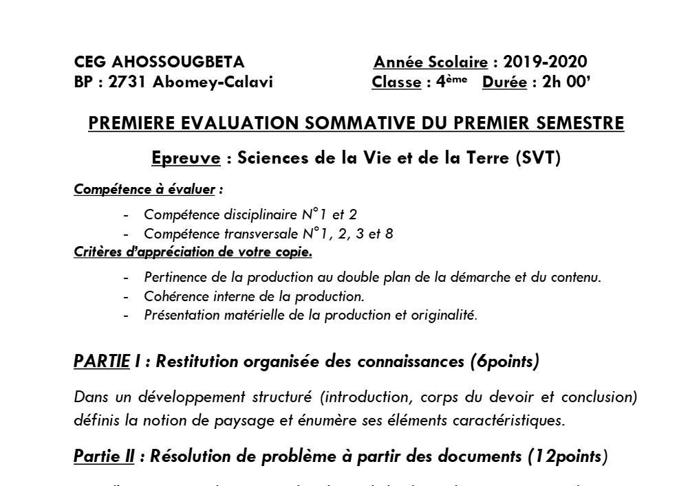Aperçu de la première page — 4e SVT Devoir 1 Semestre 1 CEG Ahossougbéta 2019 2020
