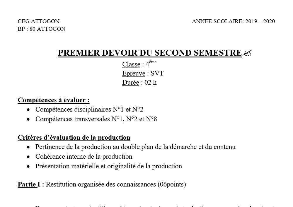 Aperçu de la première page — 4e SVT Devoir 1 Semestre 1 CEG Attogon 2019 2020