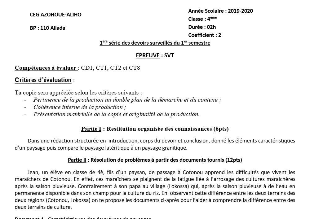 Aperçu de la première page — 4e SVT Devoir 1 Semestre 1 CEG Azohoue Aliho 2019 2020