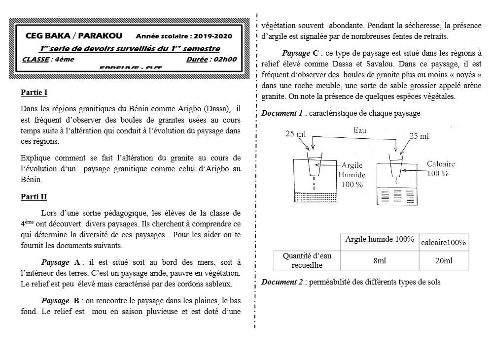 Aperçu de la première page — 4e SVT Devoir 1 Semestre 1 CEG Baka 2019 2020