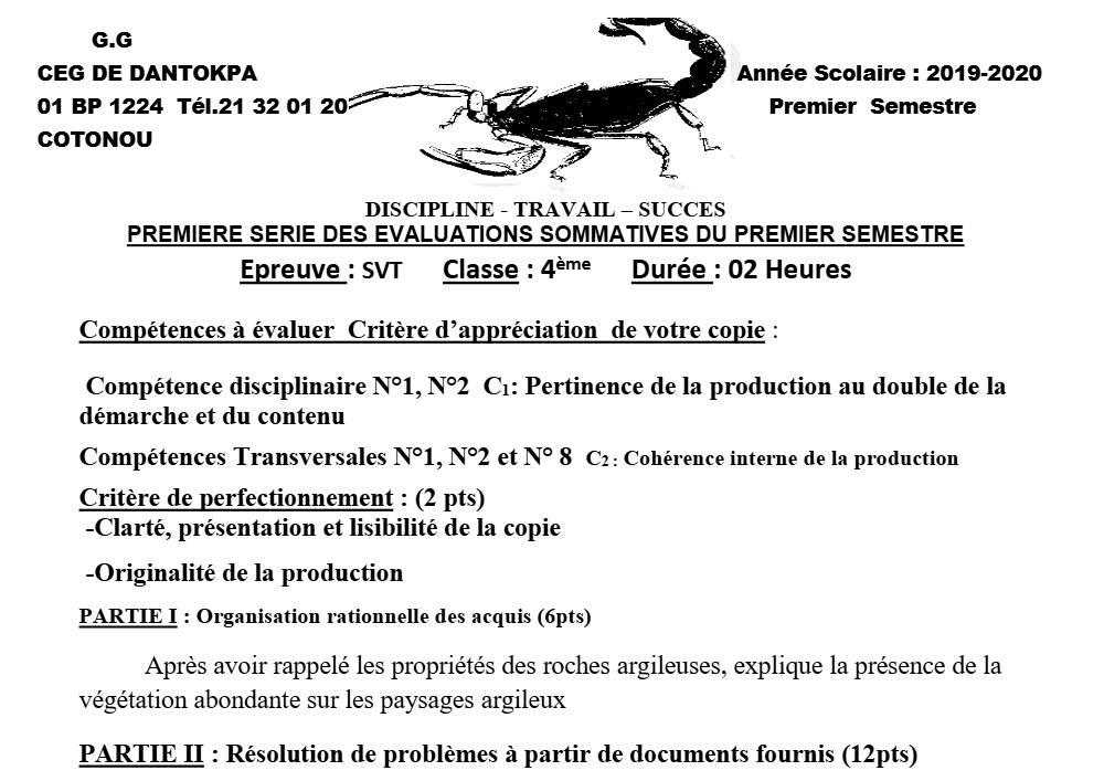 Aperçu de la première page — 4e SVT Devoir 1 Semestre 1 CEG Dantokpa 2019 2020