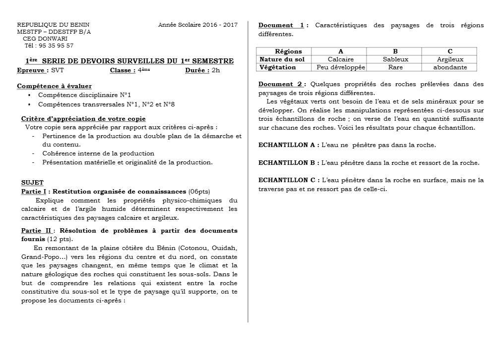 Aperçu de la première page — 4e SVT Devoir 1 Semestre 1 CEG Donwari 2018 2019