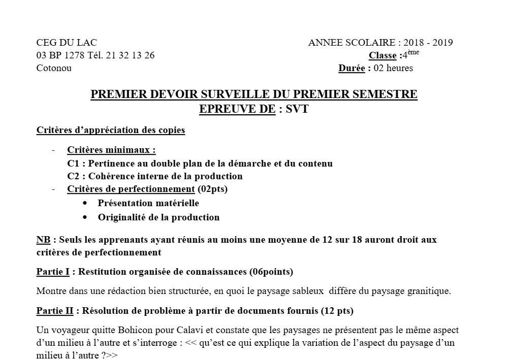 Aperçu de la première page — 4e SVT Devoir 1 Semestre 1 CEG du Lac 2018 2019