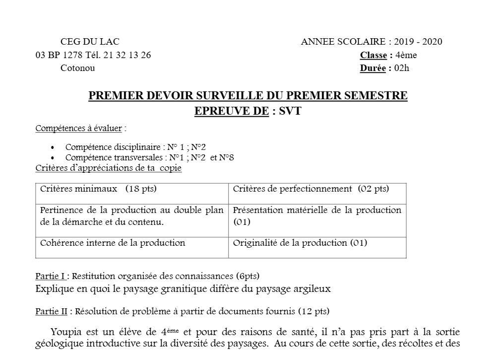 Aperçu de la première page — 4e SVT Devoir 1 Semestre 1 CEG du Lac 2019 2020