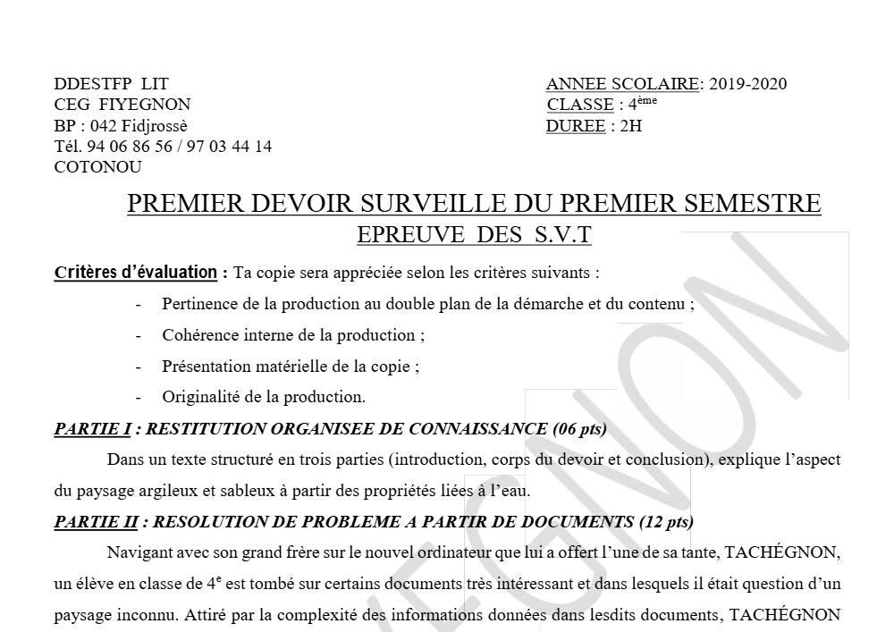 Aperçu de la première page — 4e SVT Devoir 1 Semestre 1 CEG Fiyegnon 2019 2020