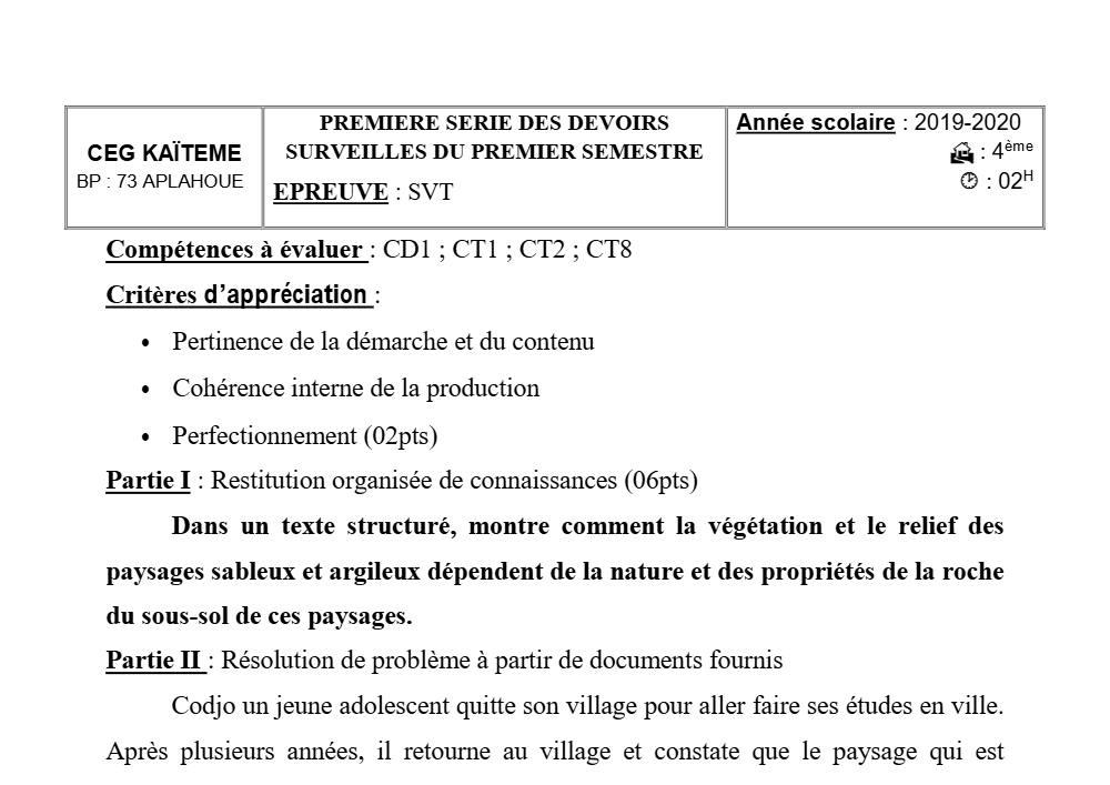 Aperçu de la première page — 4e SVT Devoir 1 Semestre 1 CEG Kaïteme 2019 2020