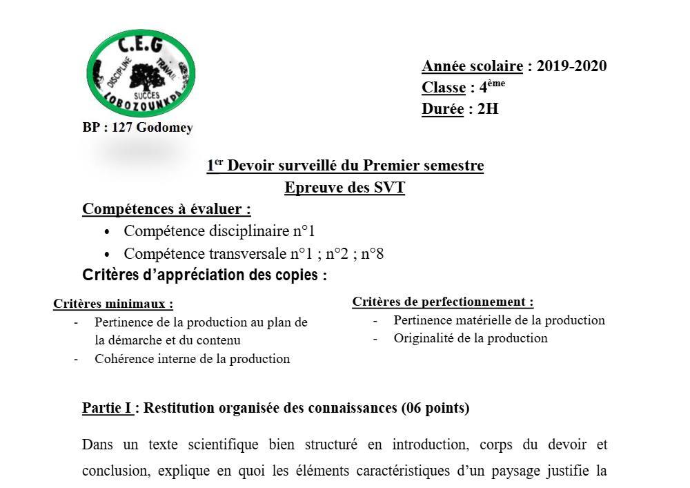 Aperçu de la première page — 4e SVT Devoir 1 Semestre 1 CEG Lobozounkpa 2019 2020