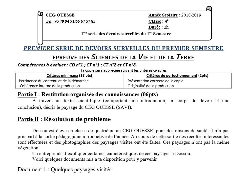 Aperçu de la première page — 4e SVT Devoir 1 Semestre 1 CEG Ouesse 2019 2020
