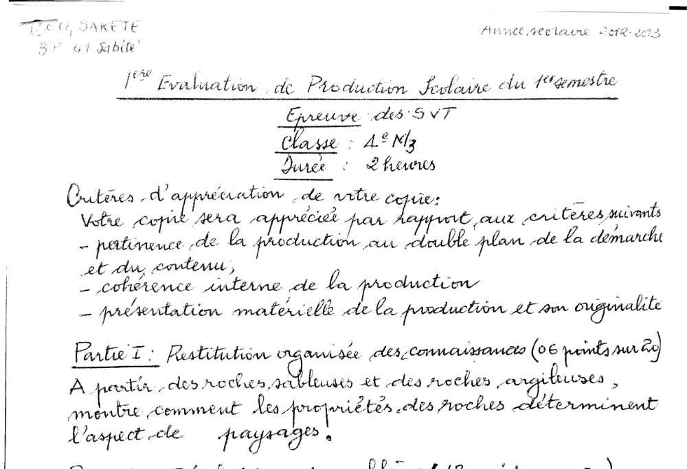 Aperçu de la première page — 4e SVT Devoir 1 Semestre 1 CEG Sakete 2012 2013