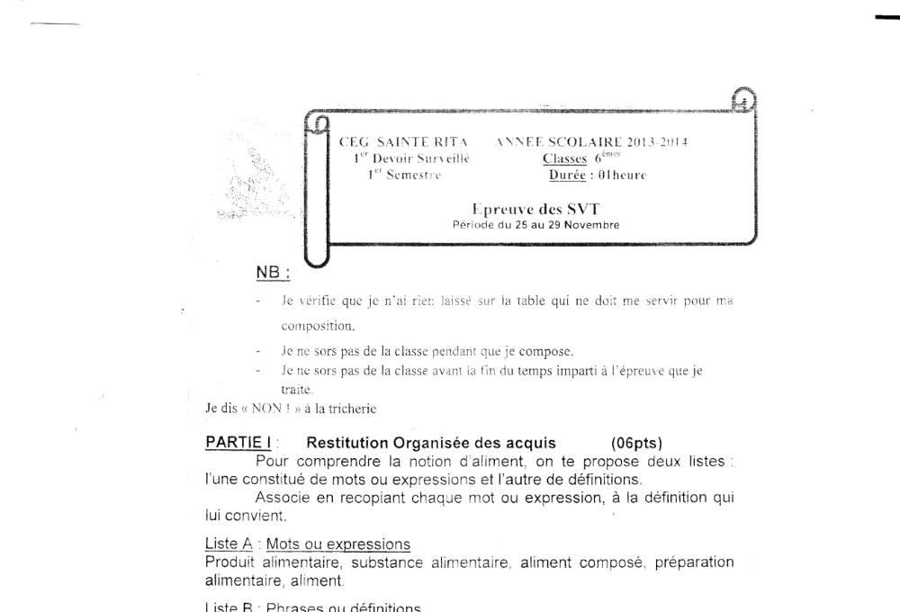 Aperçu de la première page — 4e SVT Devoir 1 Semestre 1 CEG Ste Rita 2013 2014