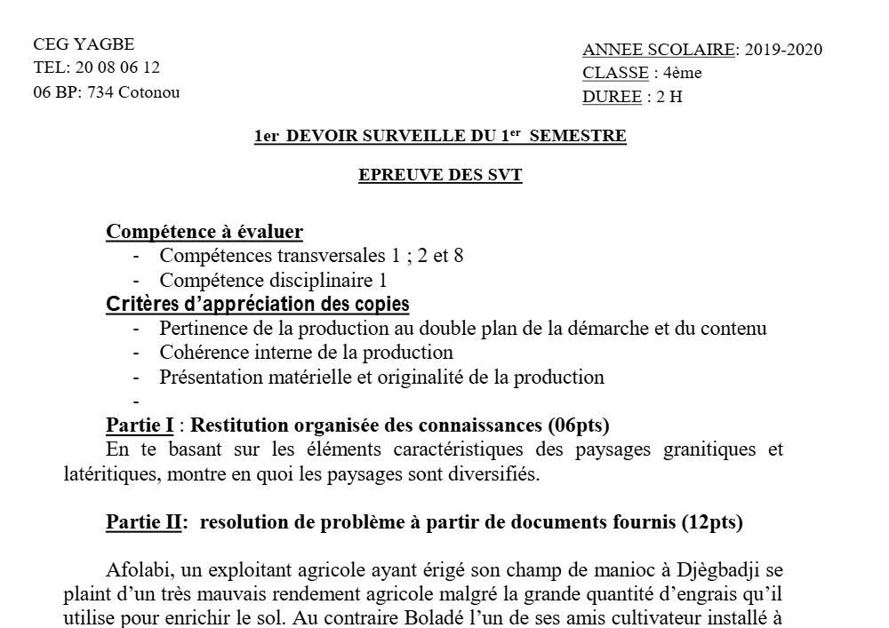 Aperçu de la première page — 4e SVT Devoir 1 Semestre 1 CEG Yagbe 2019 2020