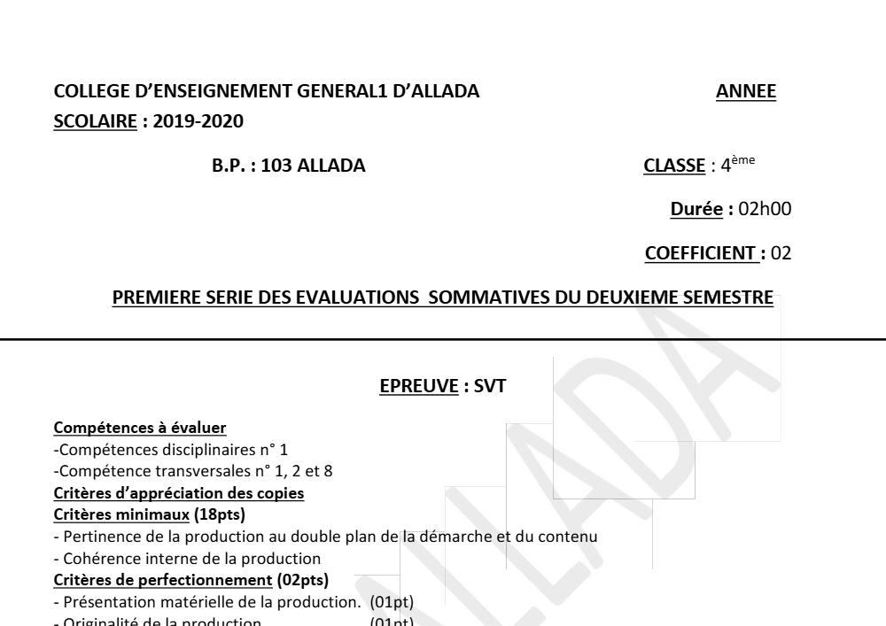 Aperçu de la première page — 4e SVT Devoir 1 Semestre 2 CEG1 Allada 2019 2020