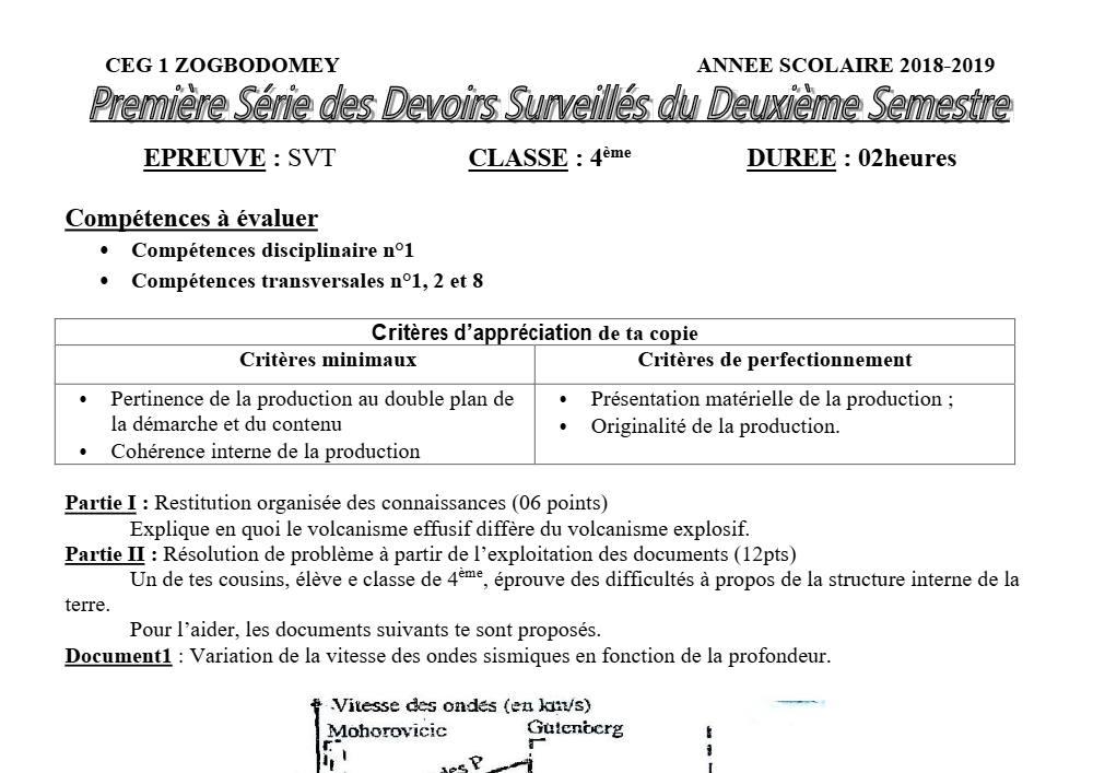 Aperçu de la première page — 4e SVT Devoir 1 Semestre 2 CEG1 Zogbodomey 2018 2019