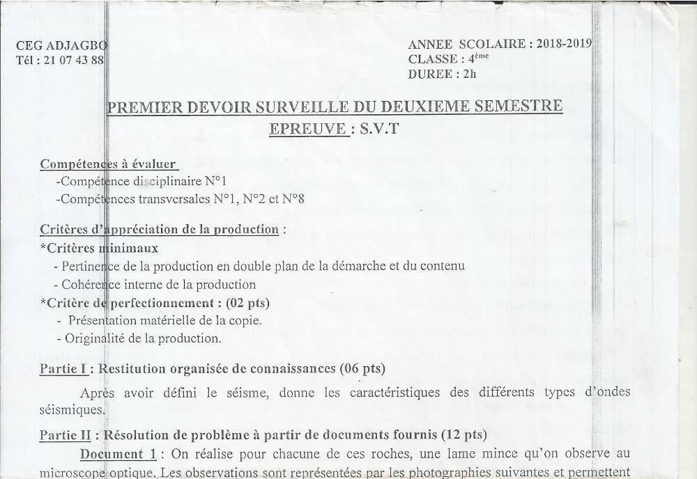 Aperçu de la première page — 4e SVT Devoir 1 Semestre 2 CEG Adjagbo 2018 2019