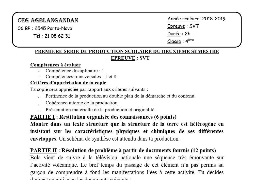 Aperçu de la première page — 4e SVT Devoir 1 Semestre 2 CEG Agblangandan 2018 2019