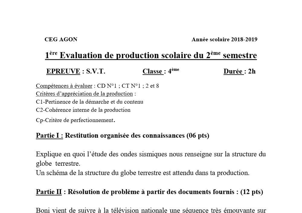Aperçu de la première page — 4e SVT Devoir 1 Semestre 2 CEG Agon 2018 2019