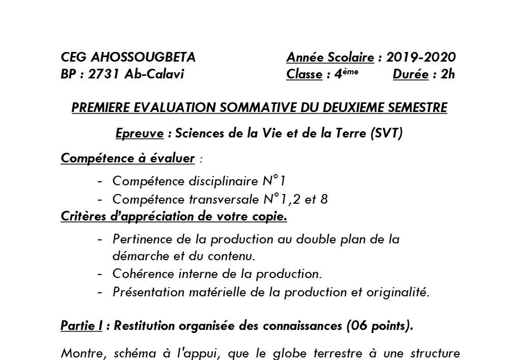 Aperçu de la première page — 4e SVT Devoir 1 Semestre 2 CEG Ahossougbéta 2019 2020