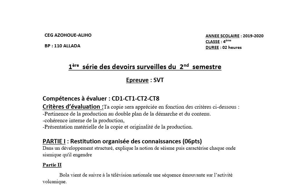 Aperçu de la première page — 4e SVT Devoir 1 Semestre 2 CEG Azohoue Aliho 2019 2020