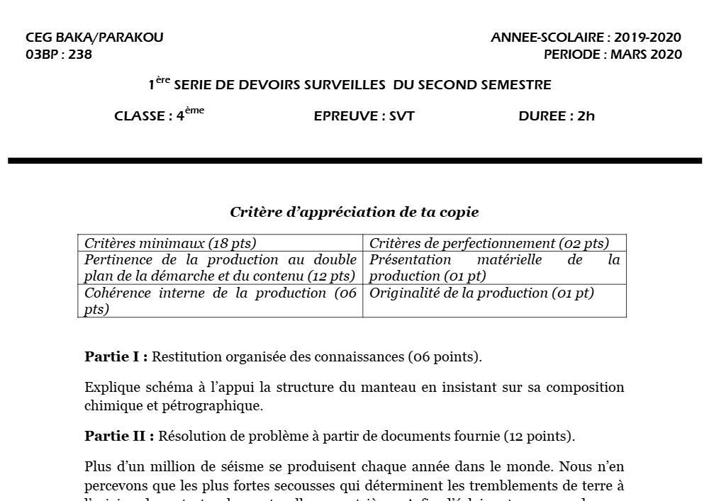 Aperçu de la première page — 4e SVT Devoir 1 Semestre 2 CEG Baka 2019 2020