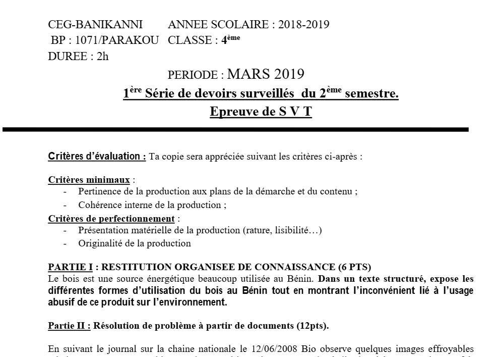 Aperçu de la première page — 4e SVT Devoir 1 Semestre 2 CEG Banikanni 2018 2019