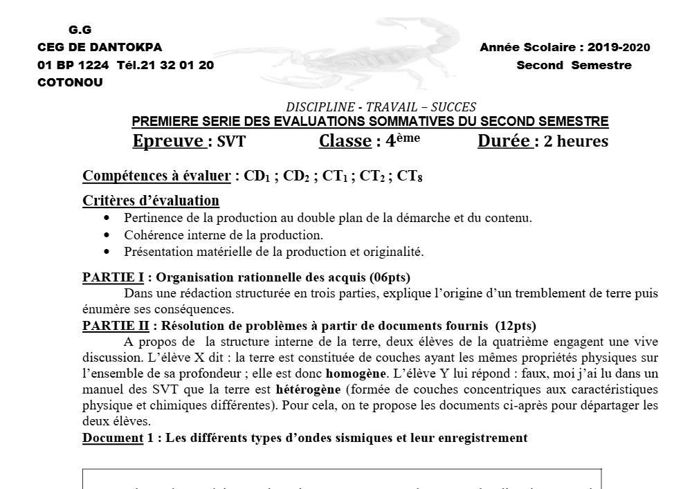 Aperçu de la première page — 4e SVT Devoir 1 Semestre 2 CEG Dantokpa 2019 2020