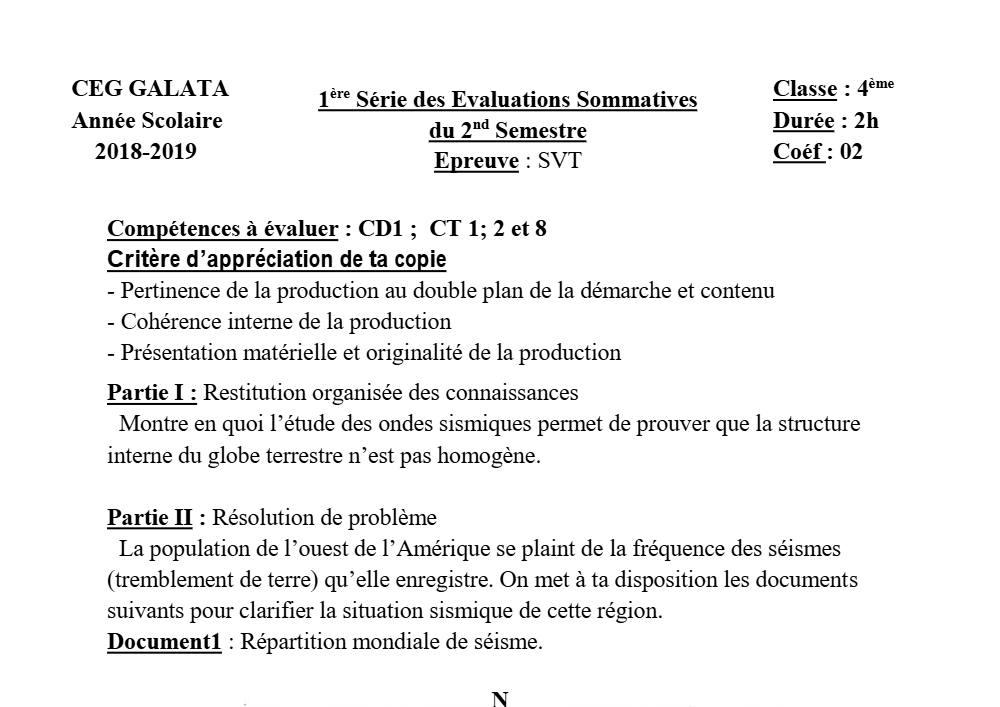 Aperçu de la première page — 4e SVT Devoir 1 Semestre 2 CEG Galata 2018 2019