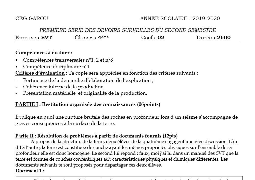 Aperçu de la première page — 4e SVT Devoir 1 Semestre 2 CEG Garou 2019 2020