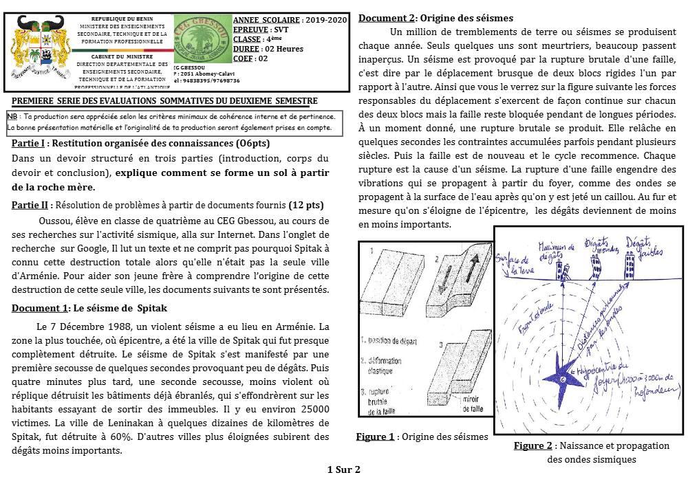 Aperçu de la première page — 4e SVT Devoir 1 Semestre 2 CEG Gbessou 2019 2020
