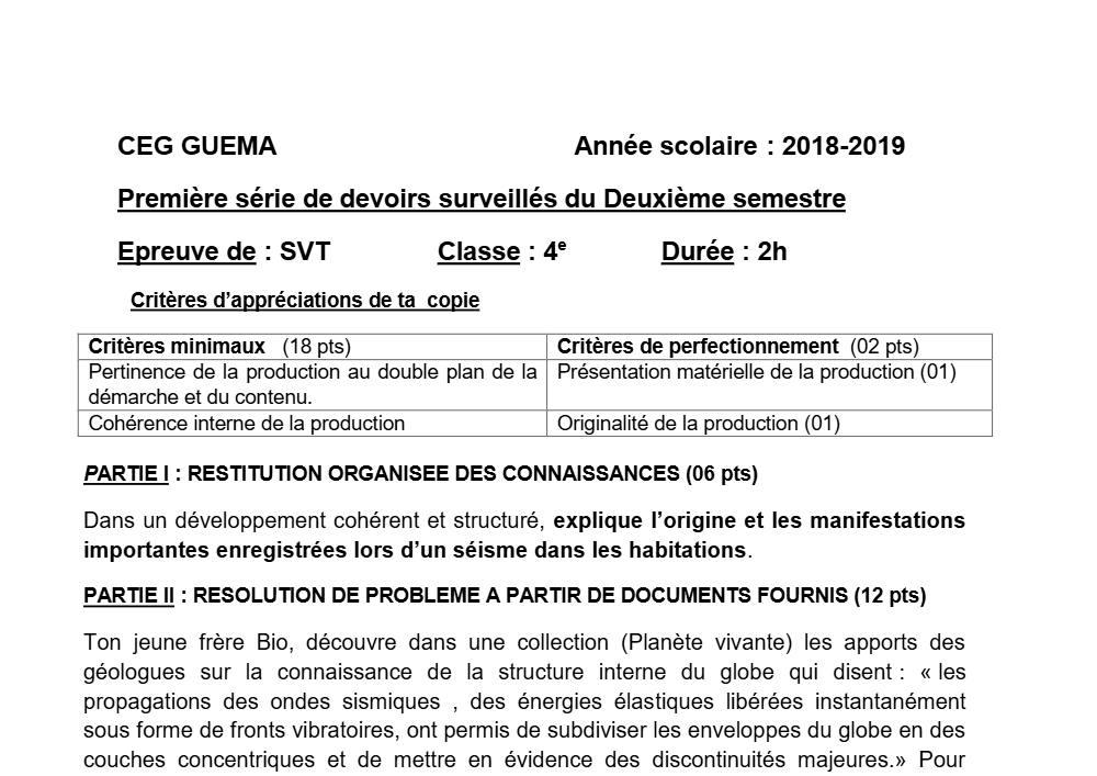Aperçu de la première page — 4e SVT Devoir 1 Semestre 2 CEG Guema 2018 2019