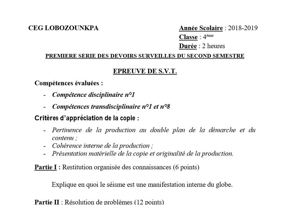 Aperçu de la première page — 4e SVT Devoir 1 Semestre 2 CEG Lobozounkpa 2018 2019