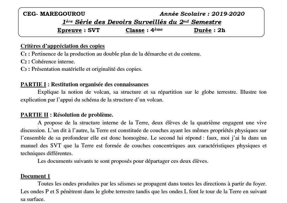 Aperçu de la première page — 4e SVT Devoir 1 Semestre 2 CEG Maregourou 2019 2020