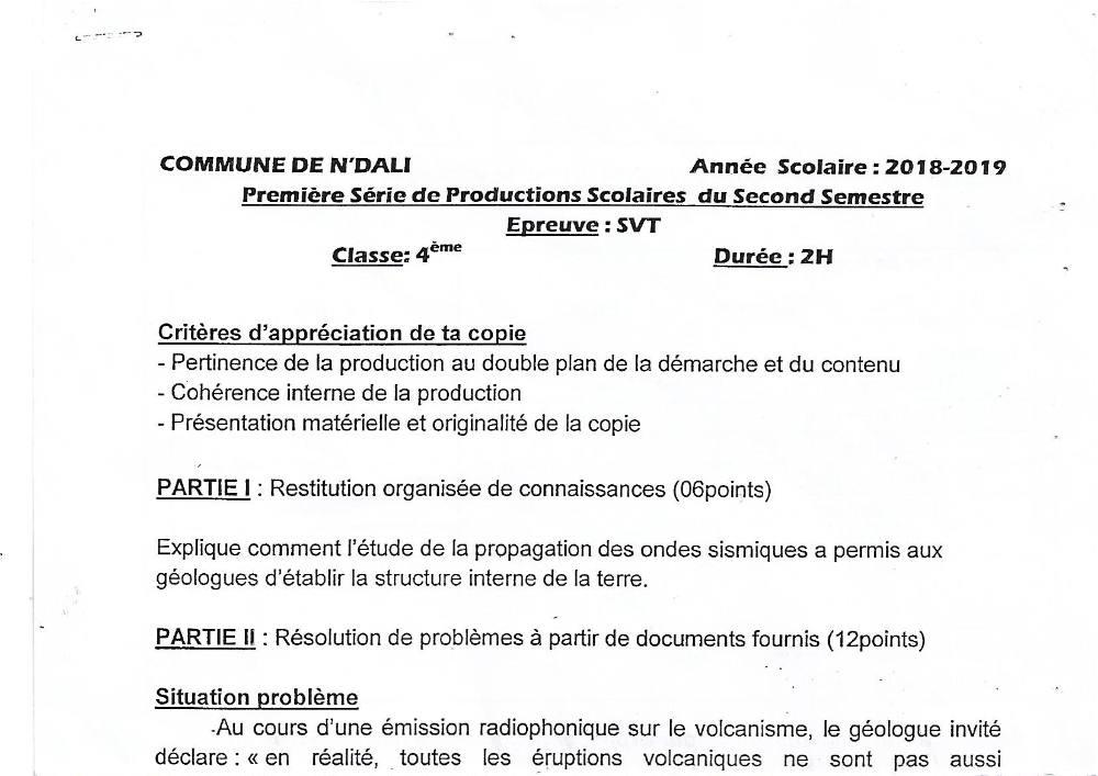 Aperçu de la première page — 4e SVT Devoir 1 Semestre 2 CEG N'Dali 2018 2019