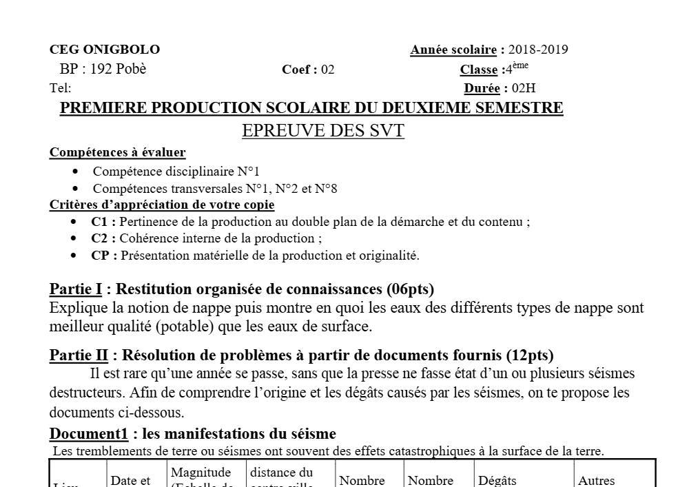 Aperçu de la première page — 4e SVT Devoir 1 Semestre 2 CEG Onigbolo 2018 2019