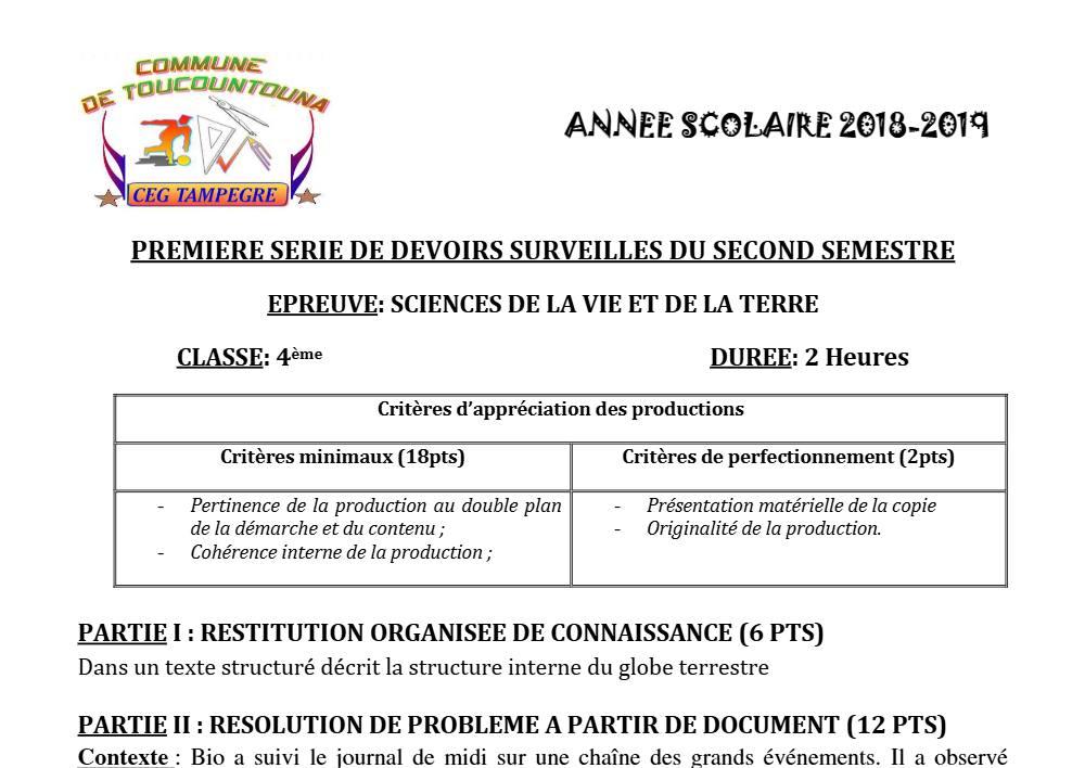 Aperçu de la première page — 4e SVT Devoir 1 Semestre 2 CEG Tampegre 2018 2019
