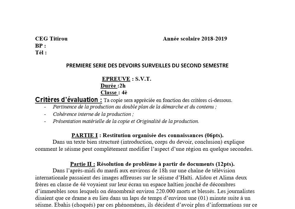 Aperçu de la première page — 4e SVT Devoir 1 Semestre 2 CEG Titirou 2018 2019