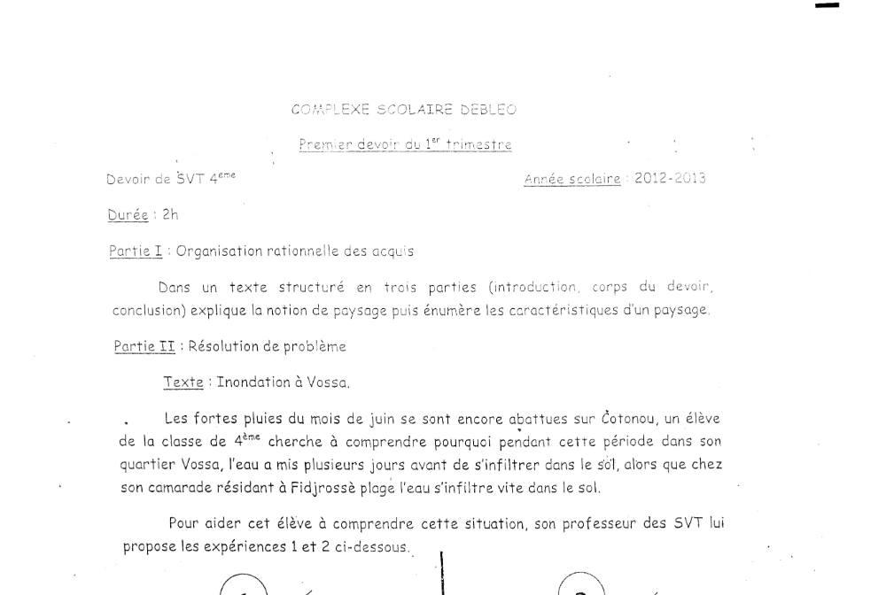 Aperçu de la première page — 4e SVT Devoir 1 Trimestre 1 CS Debleo 2012 2013