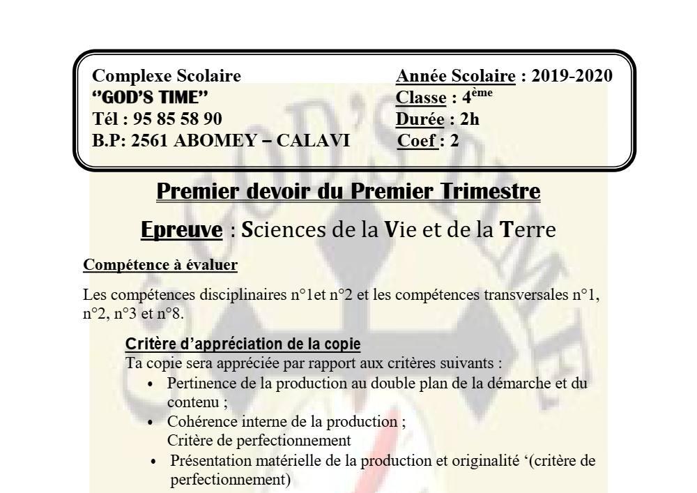 Aperçu de la première page — 4e SVT Devoir 1 Trimestre 1 CS God'S Time 2019 2020