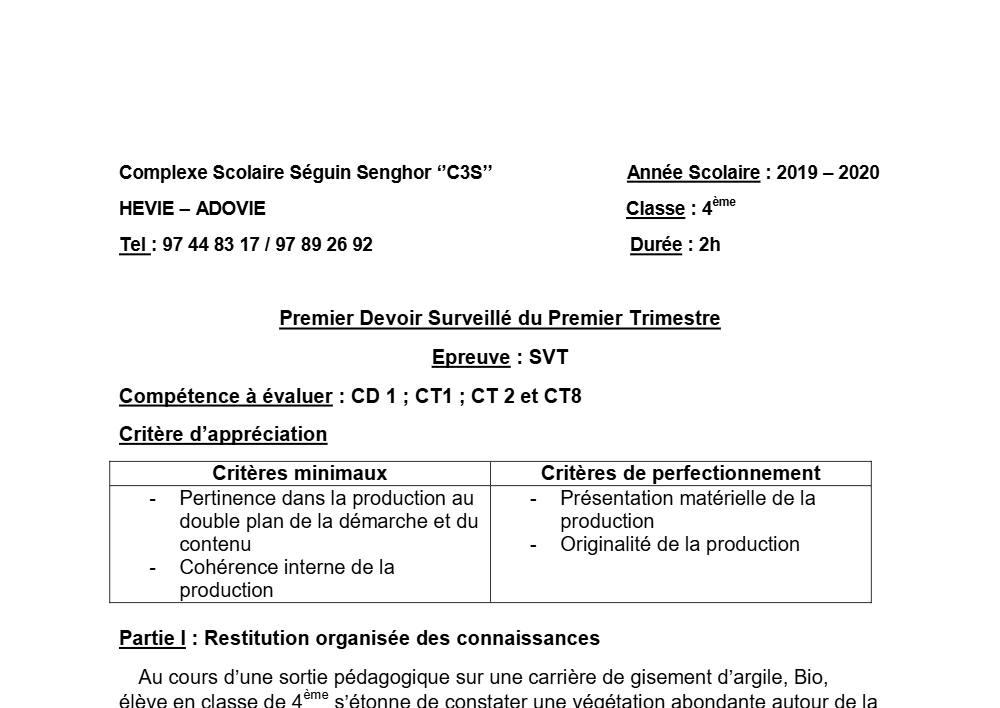Aperçu de la première page — 4e SVT Devoir 1 Trimestre 1 CS Séguin Senghor 2019 2020