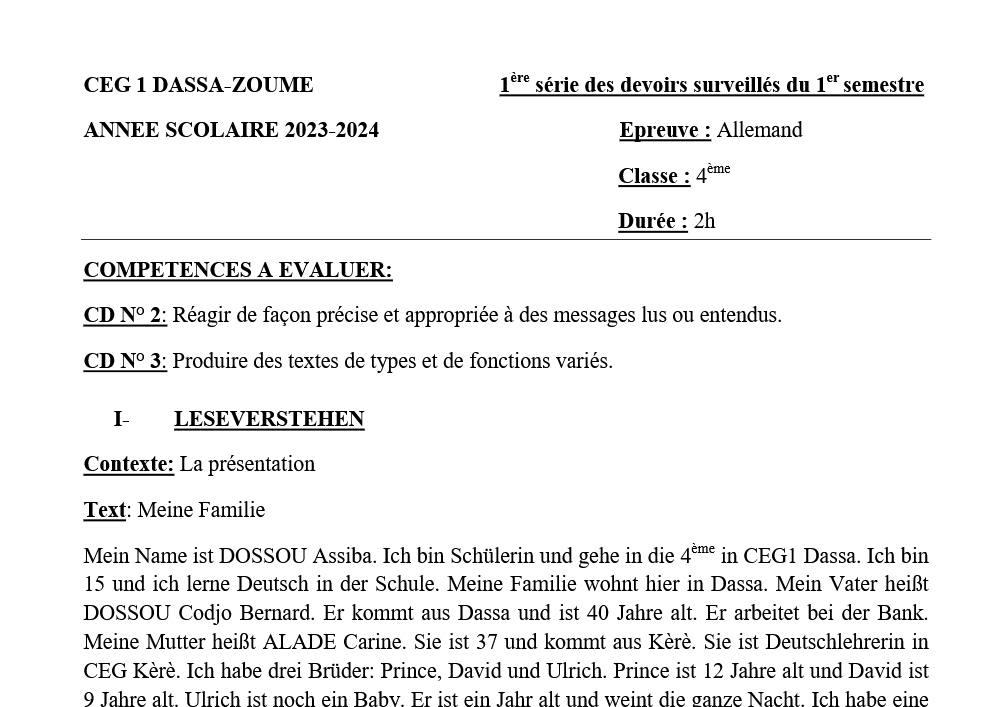 Aperçu de la première page — 4ème - 1er devoir du 1er semestre - Allemand CEG1 Dassa