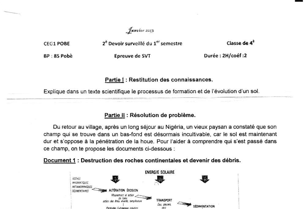 Aperçu de la première page — 4e SVT Devoir 2 Semestre 1 CEG1 Pobè Janvier 2013