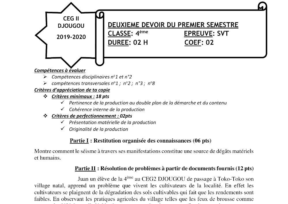 Aperçu de la première page — 4e SVT Devoir 2 Semestre 1 CEG2 Djougou 2019 2020