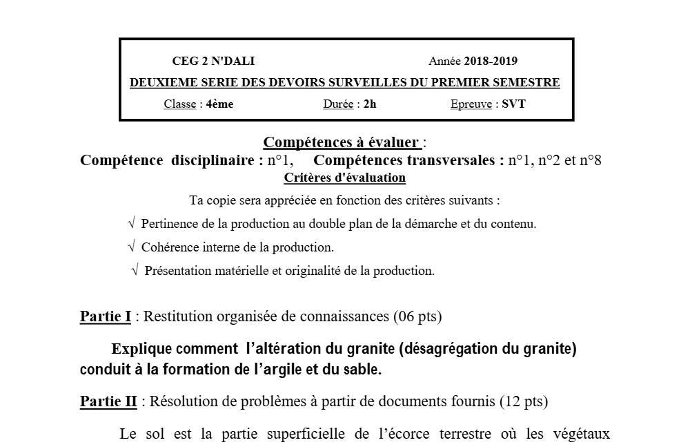 Aperçu de la première page — 4e SVT Devoir 2 Semestre 1 CEG2 N'Dali 2018 2019