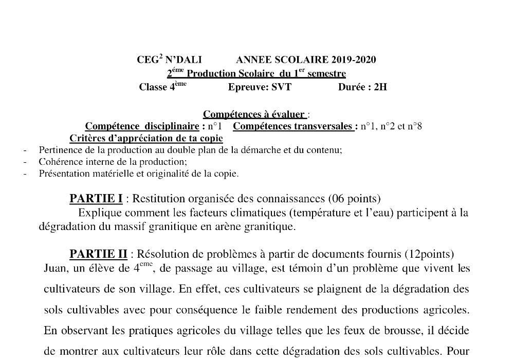 Aperçu de la première page — 4e SVT Devoir 2 Semestre 1 CEG2 N'Dali 2019 2020