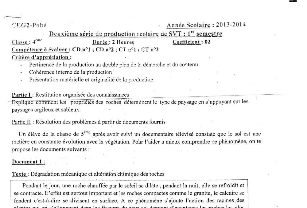 Aperçu de la première page — 4e SVT Devoir 2 Semestre 1 CEG2 Pobè 2013 2014