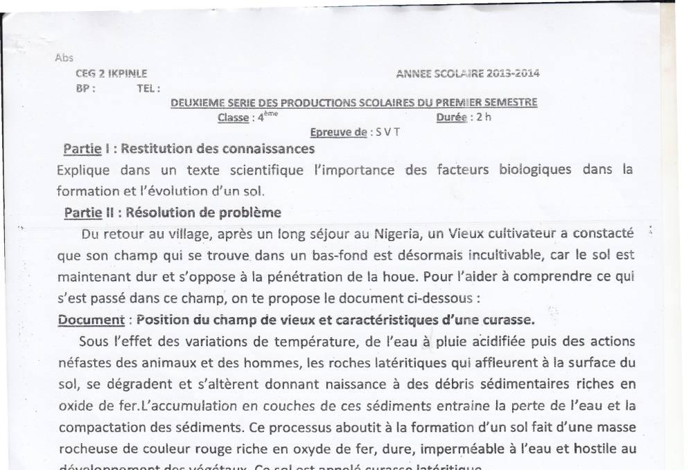 Aperçu de la première page — 4e SVT Devoir 2 Semestre 1 Ceg2 ikpinle 2013 2014