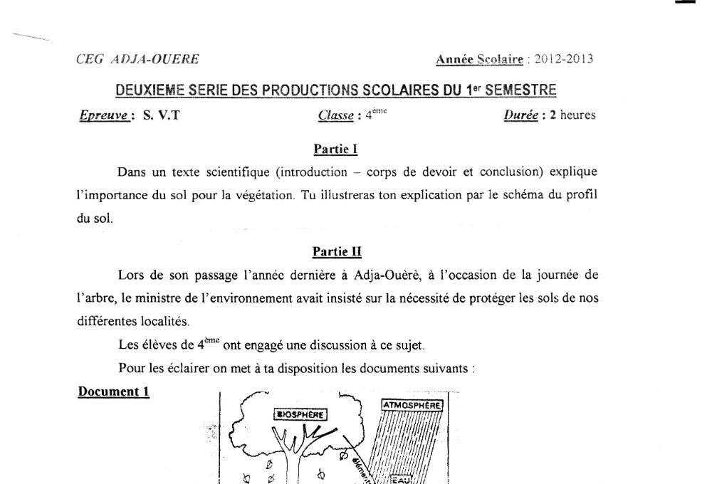 Aperçu de la première page — 4e SVT Devoir 2 Semestre 1 CEG Adja Ouere 2012 2013