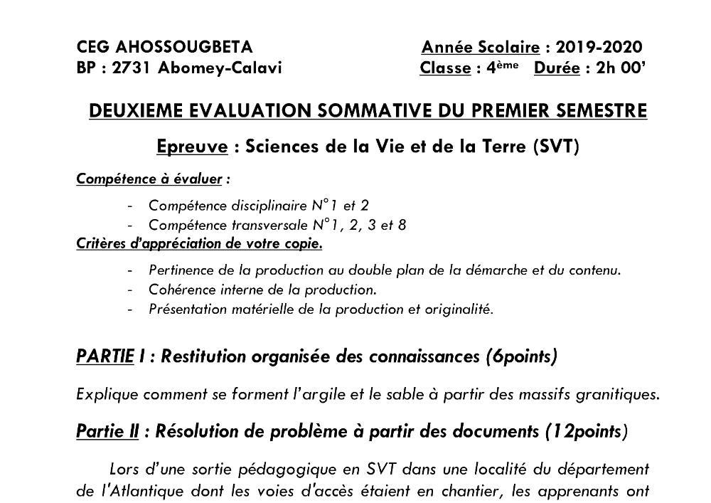 Aperçu de la première page — 4e SVT Devoir 2 Semestre 1 CEG Ahossougbéta 2019 2020