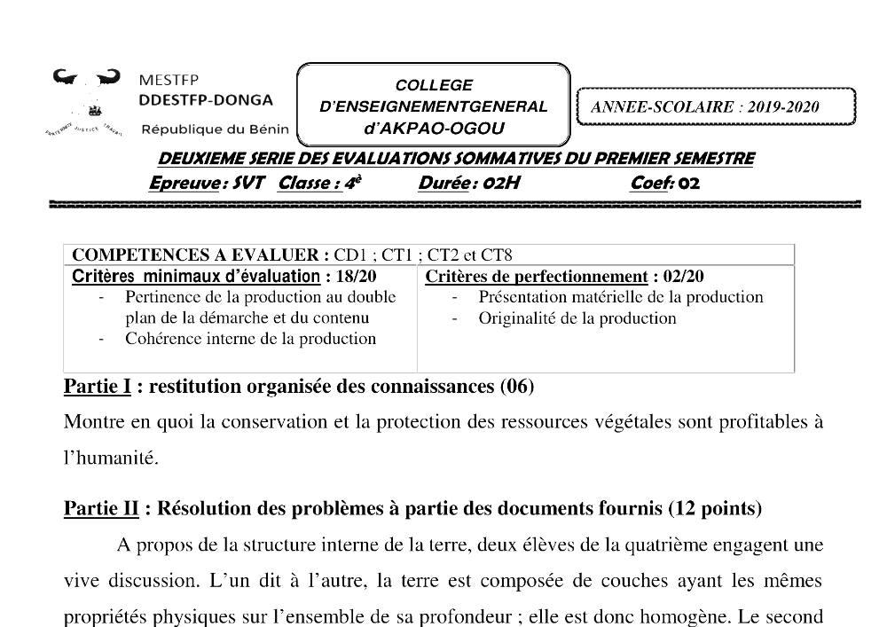 Aperçu de la première page — 4e SVT Devoir 2 Semestre 1 CEG Akpao Ogou 2019 2020